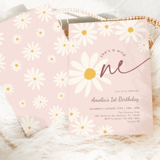 Invitation Blush Pink Wild One Daisy 1st Birthday
