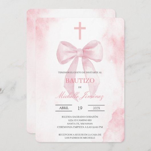 Invitation Blush pink with cross baptism  (Devant / Derrière)