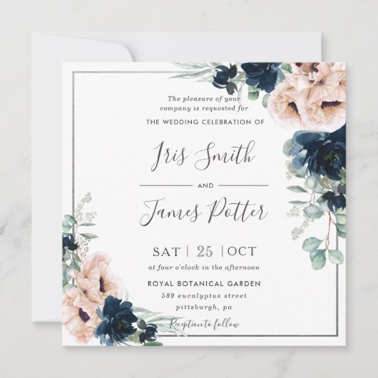 Invitation Blush Poppy Rose bleu Floral Mariage de verdure (Devant)
