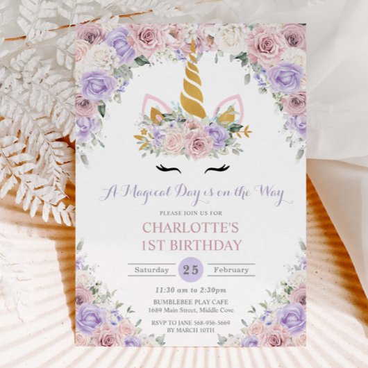 Invitation Blush Purple Blanc Floral Unicorn 1er 2e Anniversa