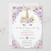 Invitation Blush Purple Blanc Floral Unicorn 1er 2e Anniversa (Devant)