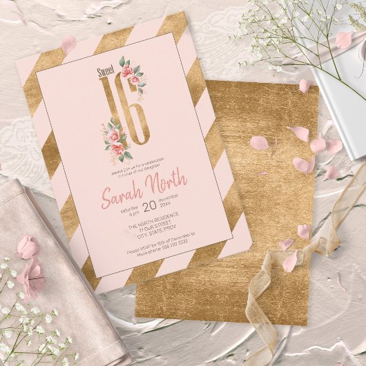 Invitation Blush Rayures Feuille d'Or ID756
