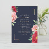 Invitation Blush Red Floral Navy Mariage bleu or (Debout devant)