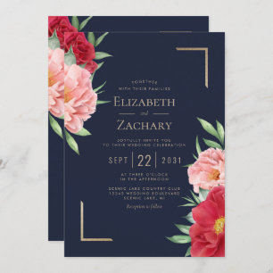 Invitation Blush Red Floral Navy Mariage bleu or