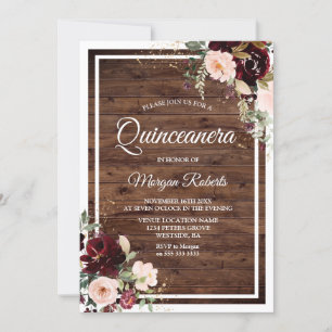 Invitation Blush & Red Wine Floral Rustique Quinceanera Party