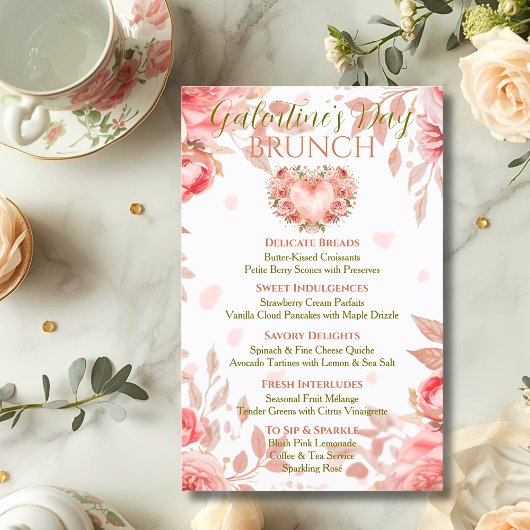 Invitation Blush Rococo Floral Heart Galentine Brunch Menu