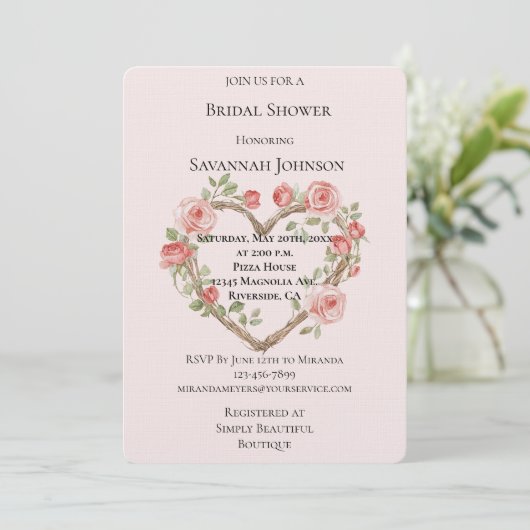 Invitation Blush Romantic Rose Floral Fête des mariées coeur (Debout devant)
