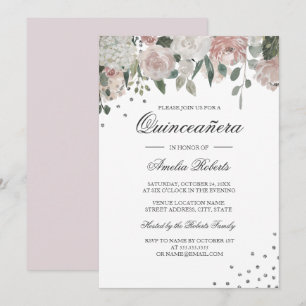 Invitation Blush Rose Argent Aquarelle Fleurs Quinceanera