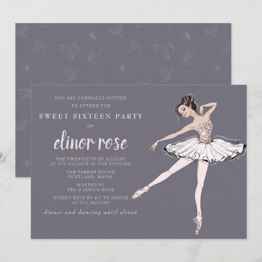 Invitation Blush rose Ballerina Sweet 16 Party (Devant / Derrière)