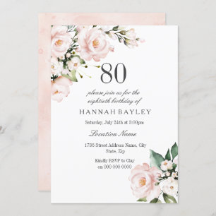 Invitation Blush rose & blanc Floral 80e fête d'anniversaire