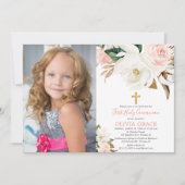 Invitation Blush rose blanc floral rustique communion photo (Devant)
