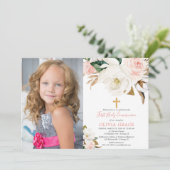 Invitation Blush rose blanc floral rustique communion photo (Debout devant)