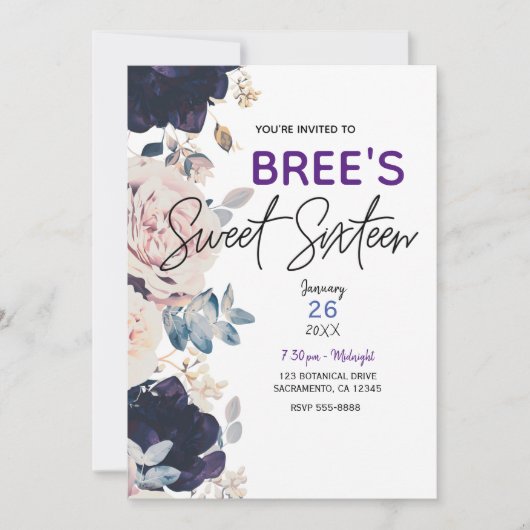 Invitation Blush rose & Bleu Botanique Floral Sweet 16 Party (Devant)