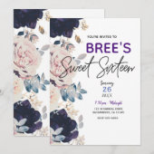 Invitation Blush rose & Bleu Botanique Floral Sweet 16 Party (Devant / Derrière)