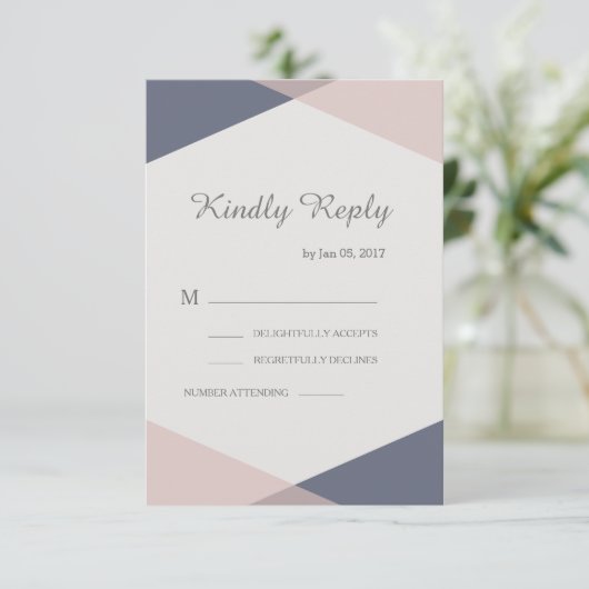 Invitation Blush rose bleu géométrique élégant mariage rsvp (Debout devant)