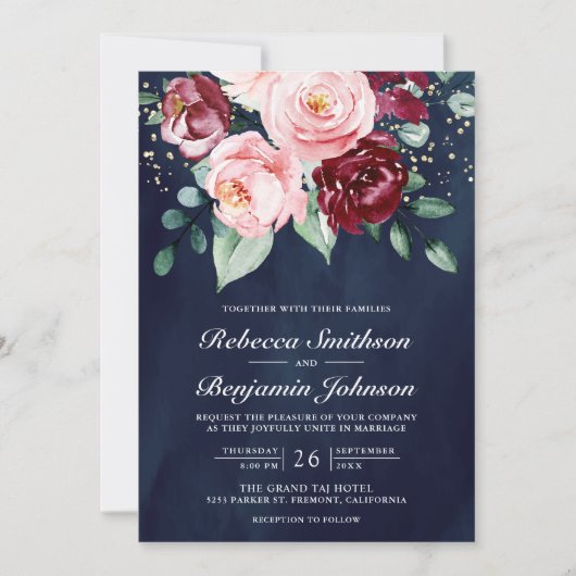 Invitation Blush rose Bourgogne Floral QR Code Marine Mariage (Devant)