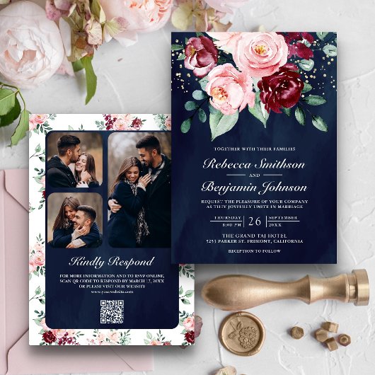 Invitation Blush rose Bourgogne Floral QR Code Marine Mariage