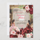 Invitation Blush rose Bourgogne Rouge Floral Twins Quinceañer (Devant)