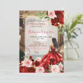Invitation Blush rose brillant Rouge Floral Quinceañera (Debout devant)