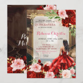 Invitation Blush rose brillant Rouge Floral Quinceañera (Devant / Derrière)