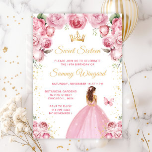 Invitation Blush Rose Brun Cheveux Princesse Sweet Seize