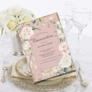 Invitation Blush Rose Doré Élégant Quinceañera Floral