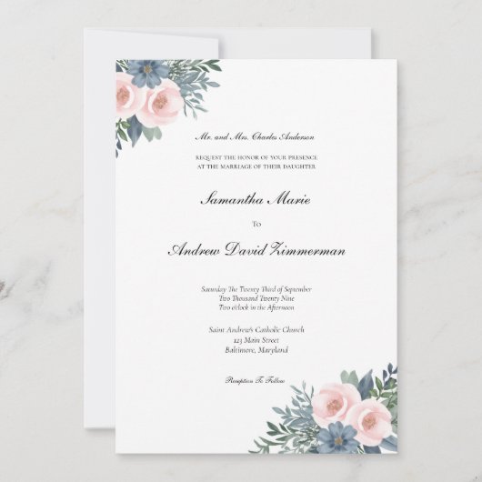 Invitation Blush rose Dusty Bleu Formal Mariage élégant (Devant)