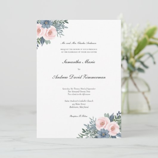 Invitation Blush rose Dusty Bleu Formal Mariage élégant (Debout devant)