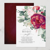 Invitation Blush rose et Bourgogne Red Floral fête d'annivers (Devant / Derrière)