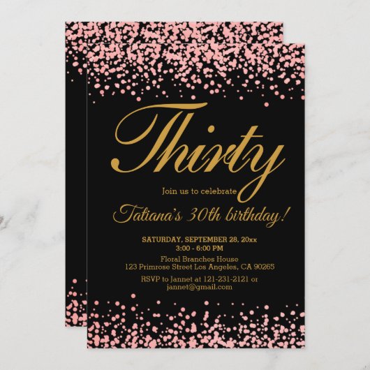 Invitation Blush rose et noir Rose Gold Parties scintillant O (Devant / Derrière)
