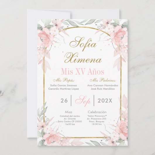 Invitation Blush Rose et Or Arche Quinceañera (Devant)