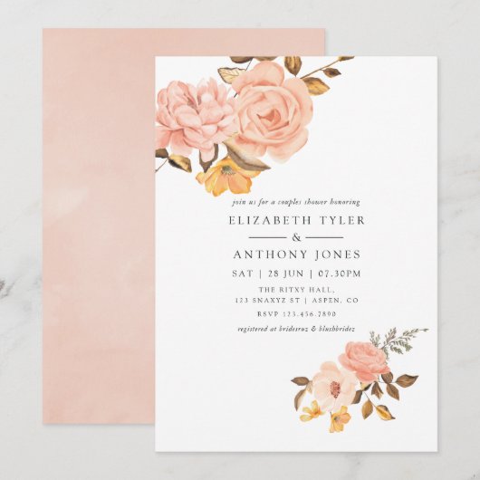 Invitation Blush Rose et Or Fleurs Mariage Baby Shower (Devant / Derrière)