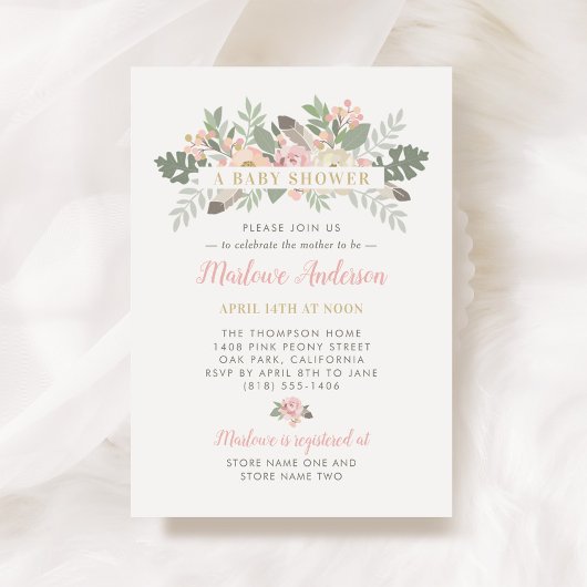Invitation Blush rose et or Floral Boho Baby shower fille