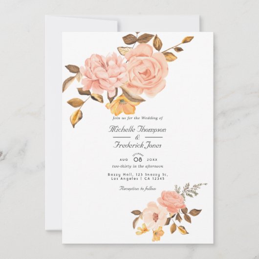 Invitation Blush rose et or Floral QR Code RSVP Mariage (Devant)