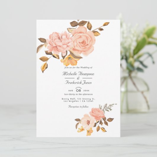 Invitation Blush rose et or Floral QR Code RSVP Mariage (Debout devant)