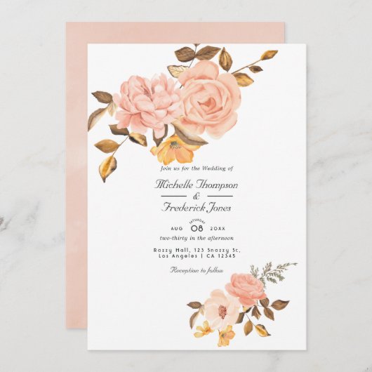 Invitation Blush rose et or Floral QR Code RSVP Mariage (Devant / Derrière)