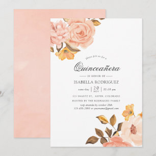 Invitation Blush rose et or floral Quinceañera aquarelle