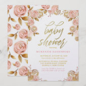 Invitation Blush rose et or Peony Chic Girl Baby shower (Devant / Derrière)