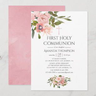 Invitation Blush Rose et Or Rose Floral Première Sainte Commu