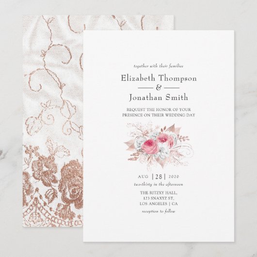 Invitation Blush rose et Rose or Floral et Mariage dentelle (Devant / Derrière)