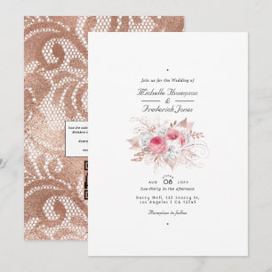 Invitation Blush rose et Rose or Floral et Mariage dentelle
