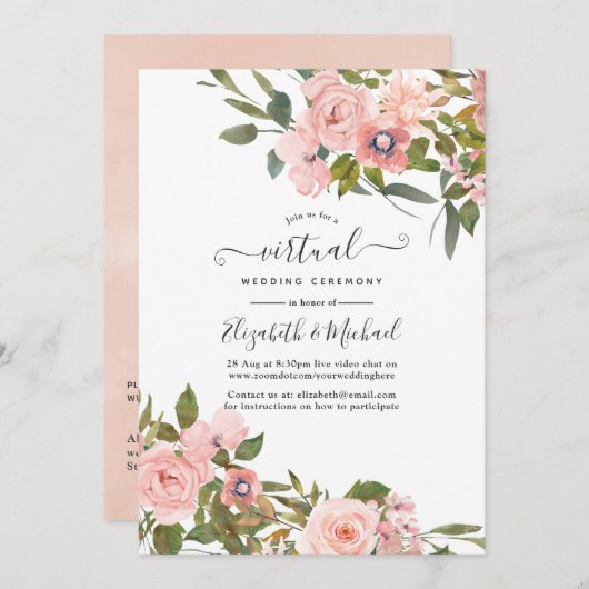 Invitation Blush rose et Rose or Floral Mariage virtuel (Devant / Derrière)