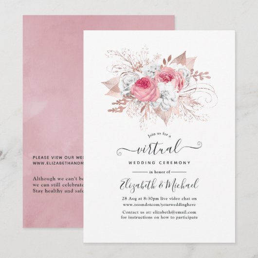 Invitation Blush rose et Rose or Floral Mariage virtuel (Devant / Derrière)