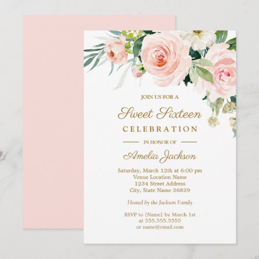 Invitation Blush Rose Fleurs Aquarelle Sweet 16 (Devant / Derrière)