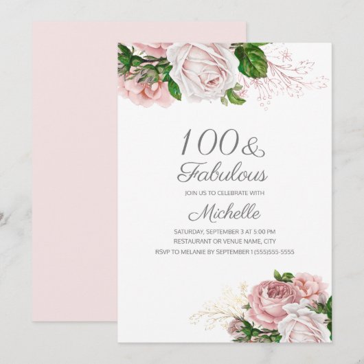 Invitation Blush rose Floral 100 et Fabuleux anniversaire (Devant / Derrière)