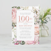 Invitation Blush rose floral 100e fête d'anniversaire (Debout devant)
