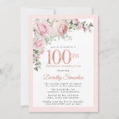 Invitation Blush rose floral 100e fête d'anniversaire (Devant)