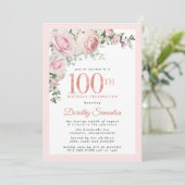 Invitation Blush rose floral 100e fête d'anniversaire (Debout devant)
