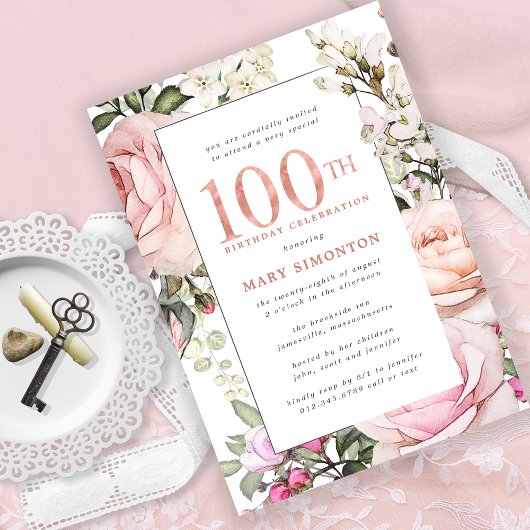 Invitation Blush rose floral 100e fête d'anniversaire
