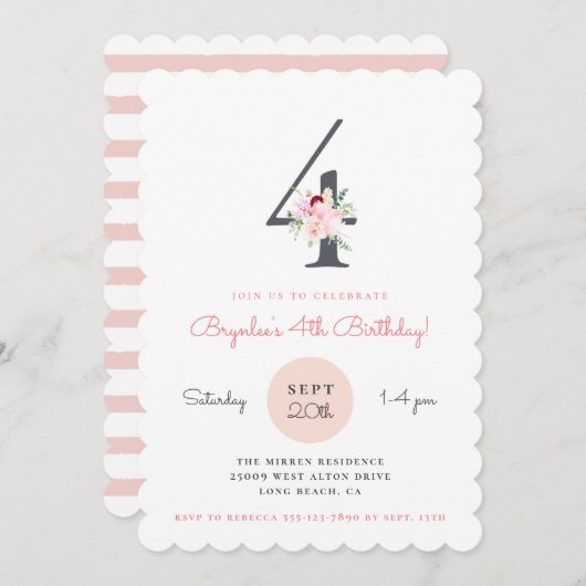 Invitation Blush rose Floral 4e fête d'anniversaire (Devant / Derrière)